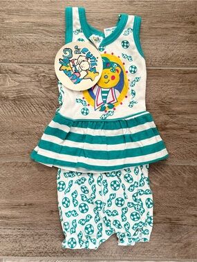 Vintage Cute Teal & White Striped Baby Two-Piece Outfit NWT